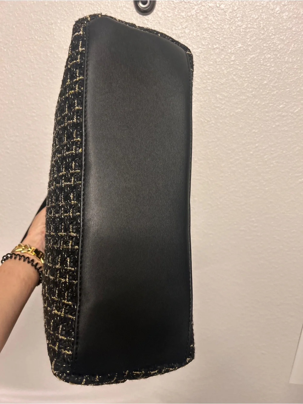 Badgley Mischka New York Tweed Black & Gold Tote Bag with Snap Closure New